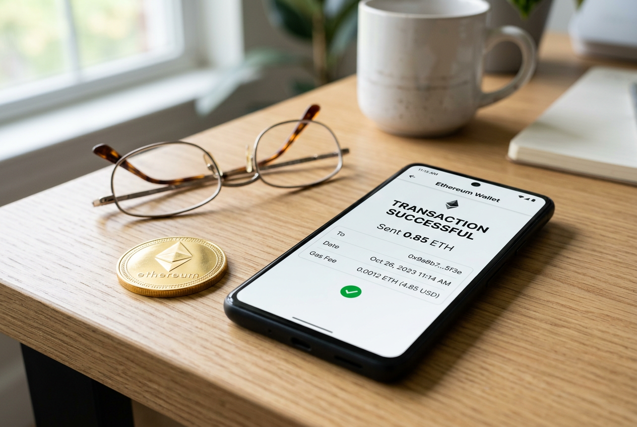 A professional close-up of a smartphone showing an Ethereum transaction next to a physical ETH coin.
