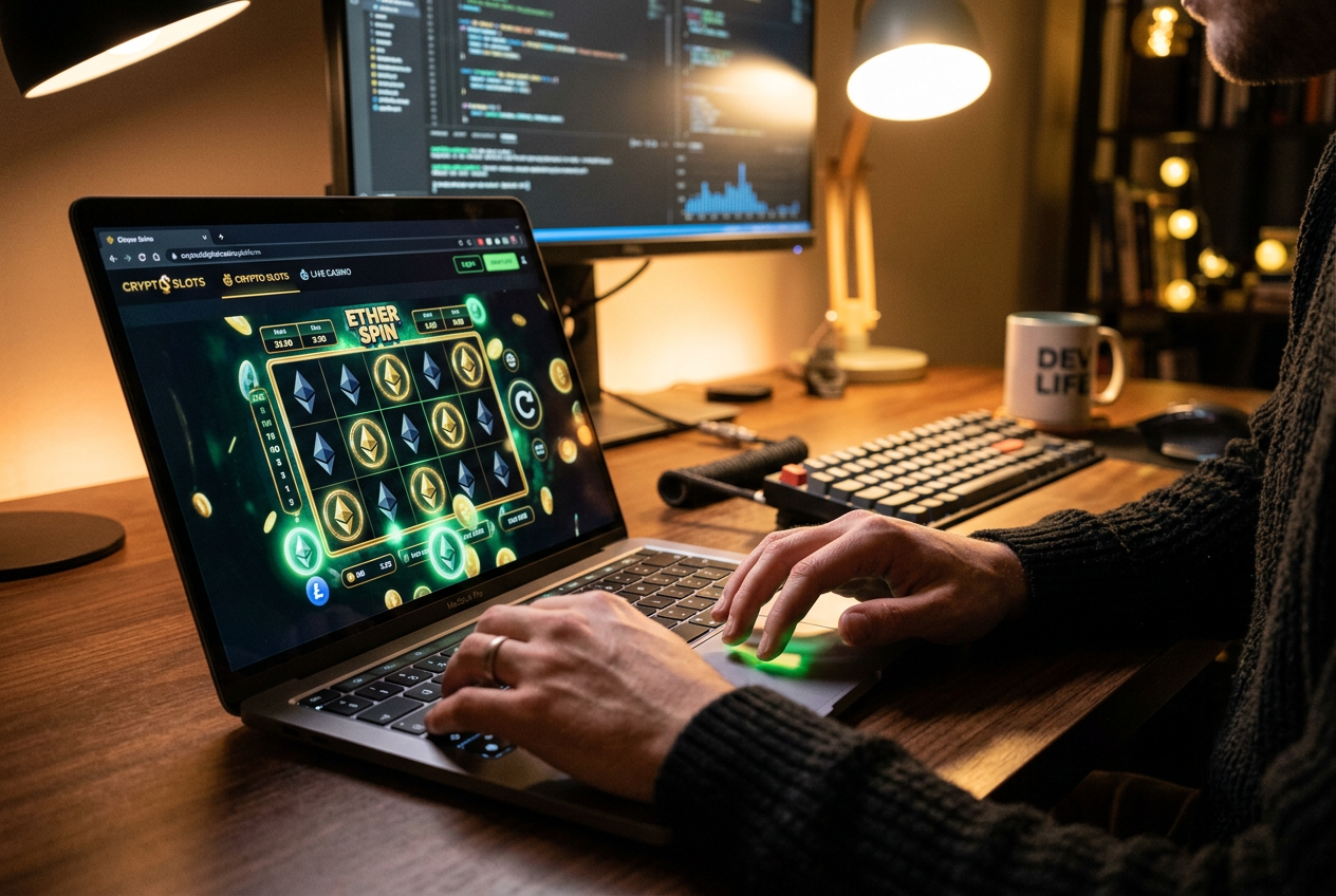 Hands using a laptop to browse a digital casino platform with Ethereum symbols.