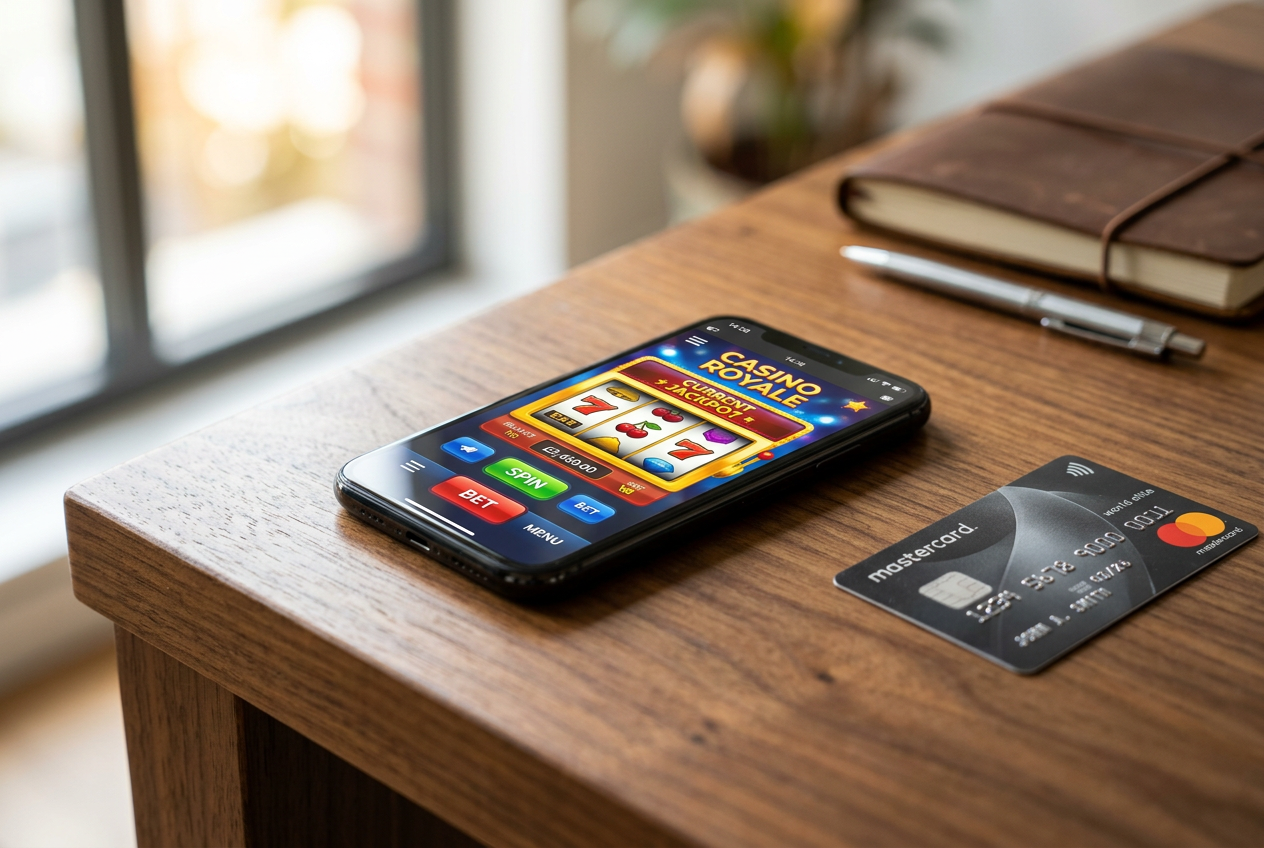 Person using a Mastercard for online casino transactions on a smartphone.