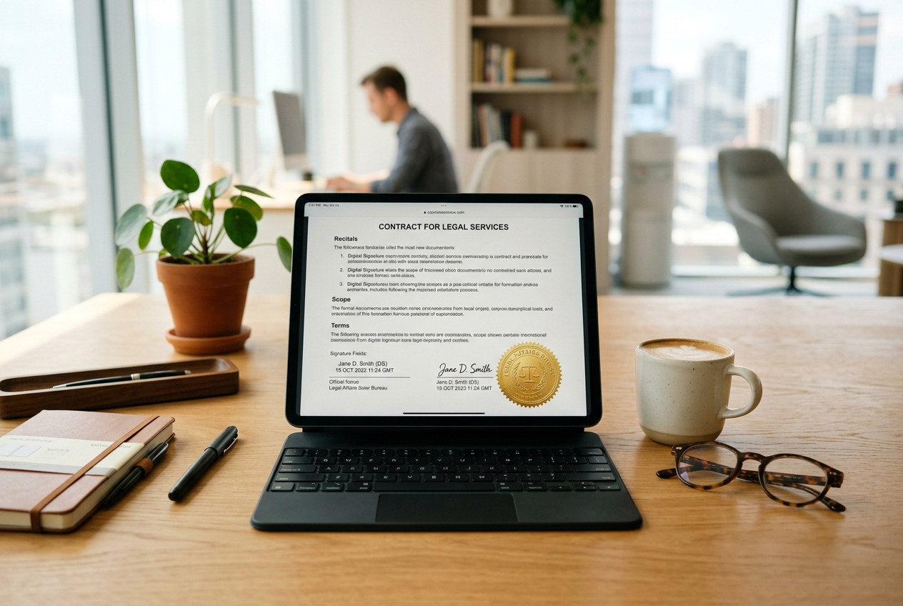 A digital tablet showing regulatory compliance documents in a professional setting.