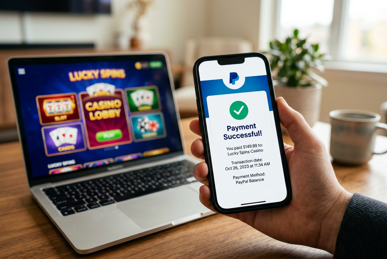 A smartphone displaying a successful PayPal payment for an online casino.